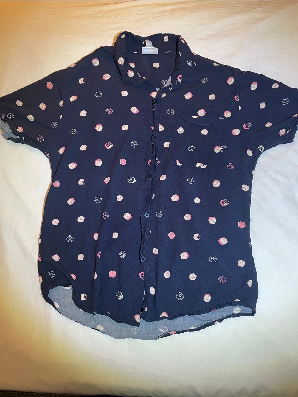 LuLaRoe Navy Button-Front Shirt with Pink & White dice pattern